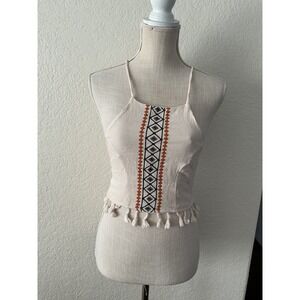 Clover + Scout Crop Top Size S Boho Embroidered Tassel Halter Cream Smocked